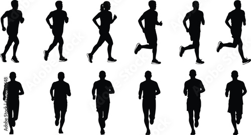 Set of running man and woman silhouettes, marathon athletes sprinting, jogging exercise figures for sports fitness graphic design and active lifestyle,
