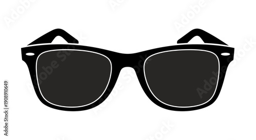 A minimalist black and white illustration depicts a pair of stylish sunglasses, perfect for representing fashion, summer, protection, and a sense of cool sophistication against a clean white backdrop.