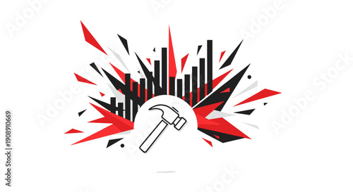A dynamic graphic illustration features a hammer icon surrounded by abstract red and black shapes, symbolizing construction, repair, and building concepts on a white background.