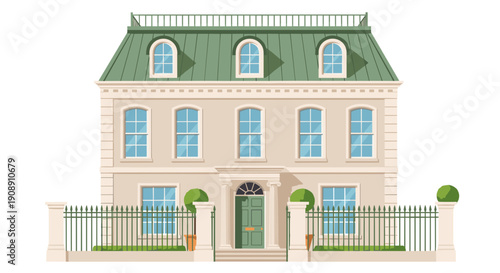 Elegant french mansard style townhouse with a green mansard roof dormer windows and an ornate entrance set behind a black wrought