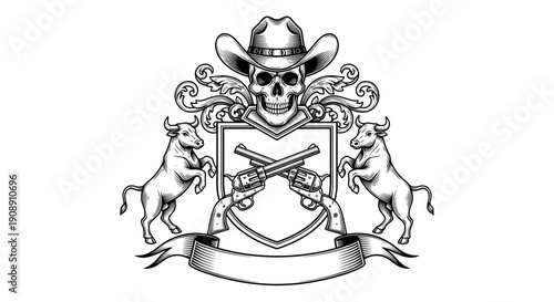 Emblematic crest with skull wearing cowboy hat crossed pistols rampant bulls and scroll vector illustration in vintage western