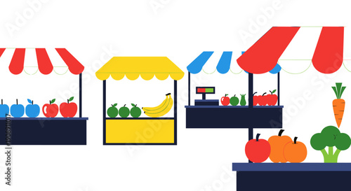 An illustrated depiction of a vibrant farmers market, showcasing stalls laden with fresh fruits, vegetables, and produce against a clean white background, ideal for commercial use.