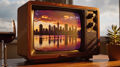 Vintage television on a wooden table with a glass of wine and a potted plant showing a city skyline at sunset