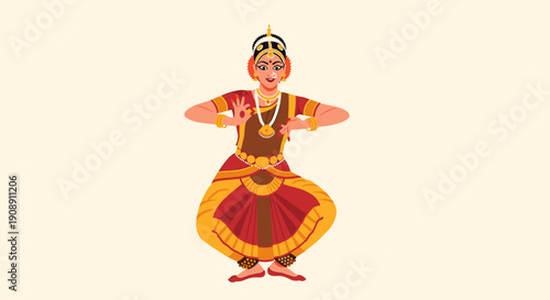 A vibrant illustration portrays a graceful Indian classical dancer in traditional attire, executing a pose against a simple, neutral background, showcasing cultural heritage.