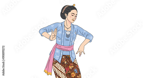 An illustration depicts a graceful Indonesian dancer in traditional attire, executing a pose with elegant hand gestures against a clean, white background, showcasing cultural heritage.