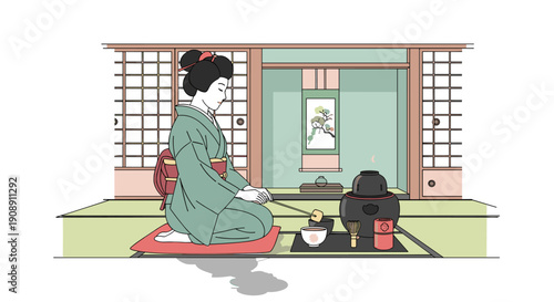 An illustration depicts a geisha in a traditional Japanese tea ceremony, gracefully preparing matcha in a serene, minimalist interior setting with shoji screens.