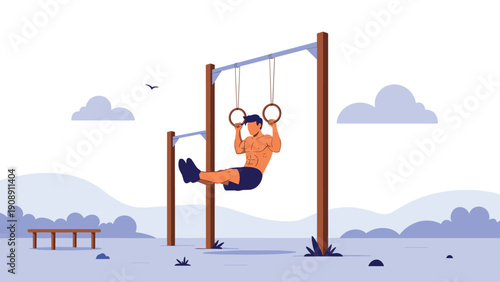 Fit muscular man performing an intense core workout on gymnastic rings at an outdoor training park with mountains and clouds in background.