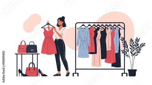 Young woman selecting a red dress from a clothing rack in a boutique with handbags and shoes displayed on shelves nearby.