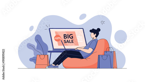Young woman sitting comfortably on a bean bag chair using her laptop to browse a big sale online with shopping bags surrounding her.