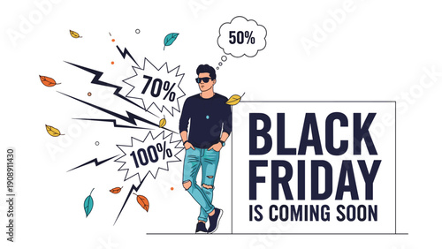 Cool man in sunglasses leaning against a large sign announcing Black Friday sale with falling leaves and discount percentage clouds.