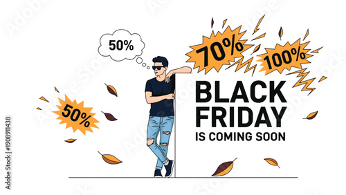 Stylish man leaning on a Black Friday coming soon billboard surrounded by autumn leaves and various discount percentage bubbles.