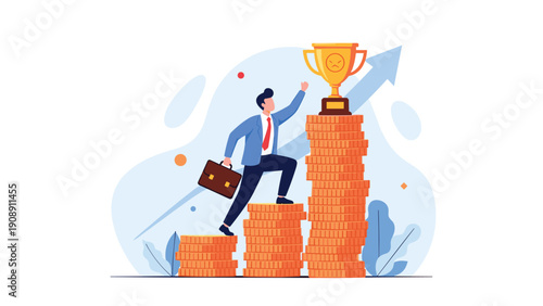 Successful businessman climbing stairs made of stacked gold coins to reach a golden trophy at the top against a background with upward arrow.