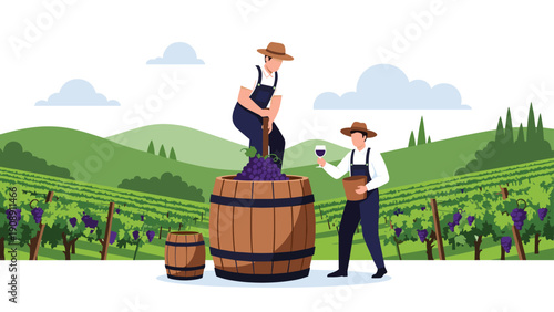 Two male farmers working in a lush vineyard harvesting purple grapes and tasting fresh wine from a large wooden barrel under a sunny sky.