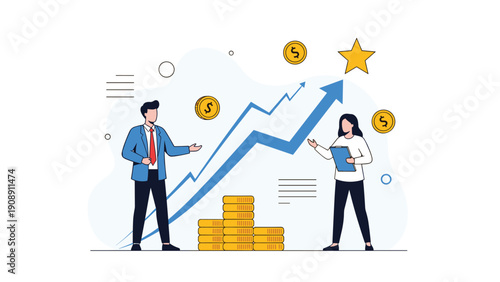 Two business professionals discussing financial growth in front of an upward trending arrow chart and stacks of golden coins.