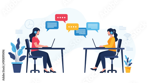 Two female customer support agents wearing headsets working on laptops at their desks with various floating speech bubble icons.
