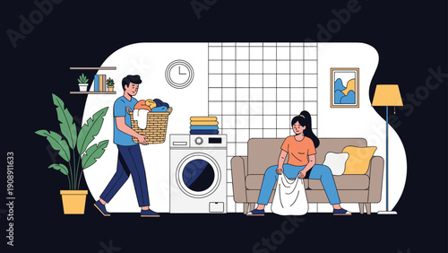Young couple working together to do laundry at home with one person carrying a basket and the other folding clothes on the sofa.
