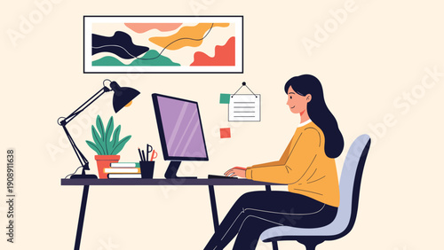 Young woman focused on her work using a computer at a cozy home office desk decorated with a plant, lamp, and abstract art.