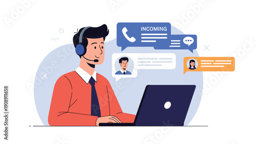 Male customer service representative with headset working on laptop and handling multiple incoming calls and messages at his desk.