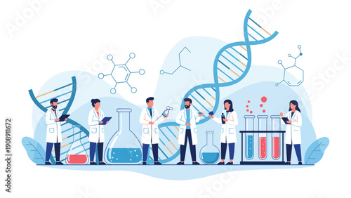 Team of diverse scientists in white lab coats conducting experiments with test tubes and chemicals in front of large DNA structure.