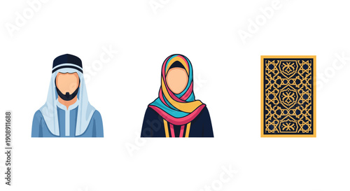 Illustration of a Muslim man and woman in traditional attire alongside a decorative golden geometric pattern, perfect for cultural or religious themed designs.