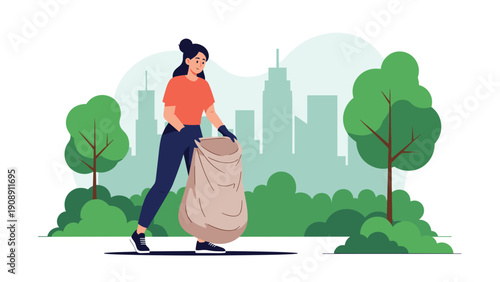 Environmentally conscious woman picking up litter in a green park with a large bag to keep the city environment clean and sustainable.