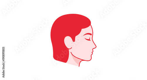 A minimalist illustration presents a side profile of a woman's face, featuring closed eyes and a serene expression, rendered in a simple, bold red and pink color scheme against a clean white