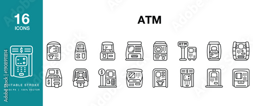 ATM icon set. Includes atm, banking, cash, withdrawal, deposit, kiosk and More. Editable Stroke Icon Collection.