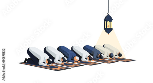 An illustration depicts a group of Muslim people in prayer, kneeling on prayer mats beneath a hanging lantern, symbolizing devotion and faith in a simple, graphic style.