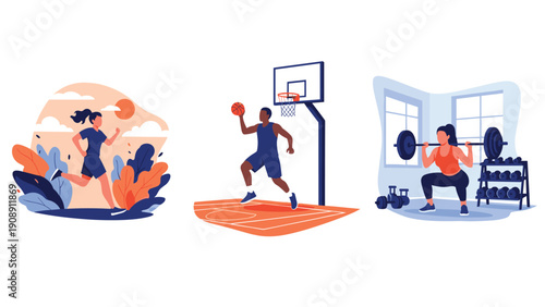 Three people participating in different physical activities including jogging, playing basketball, and lifting weights at a gym.