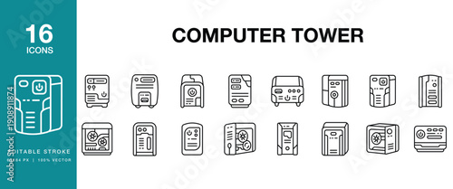 Computer Tower icon set. Includes computer, tower, desktop, pc, hardware, case and More. Editable Stroke Icon Collection.