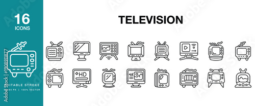 Television icon set. Includes television, tv, screen, broadcast, streaming, media and More. Editable Stroke Icon Collection.