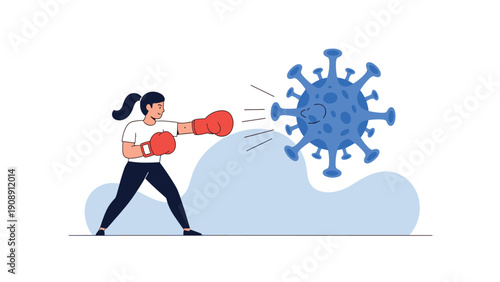 Strong woman wearing boxing gloves and fighting against a giant blue virus cell to represent immune system and health protection.