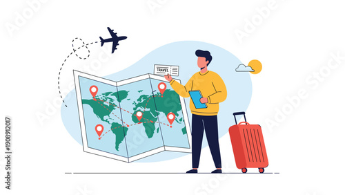 Young man planning international travel with large world map showing destinations and suitcase ready for vacation trip.