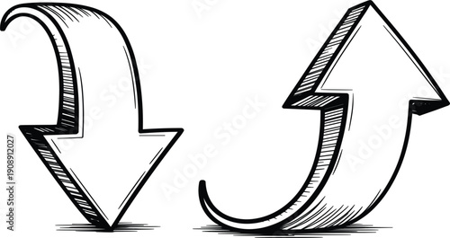 Vintage hand drawn up and down vector arrows, with detailed ink texture for business or directional design