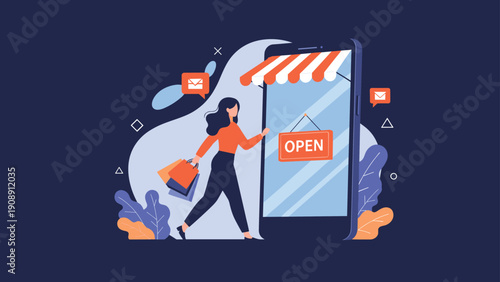 Excited woman carrying colorful shopping bags and entering a digital store through a giant smartphone for online retail experience.