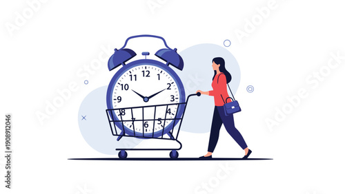 Young woman pushing a shopping cart containing a large alarm clock representing time-limited offers and flash sales concepts.