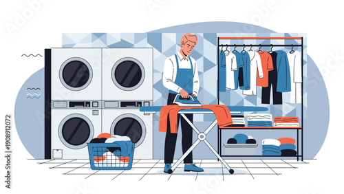 Professional laundry worker ironing a garment in a modern laundromat equipped with multiple washing machines and dryers.