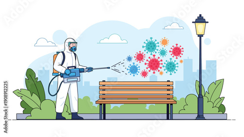 Specialized worker in hazmat suit spraying disinfectant on a park bench to prevent the spread of virus and bacteria.