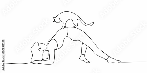 Woman in downward dog pose with a cat drawn as a single line
