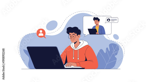 Young man sitting at his desk and engaging in a video conference call on a laptop with a colleague or friend remotely.