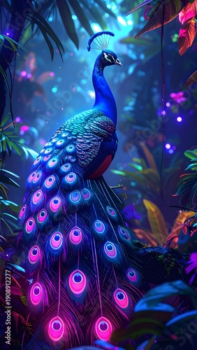 Majestic Peacock with Radiant Neon Plumage, Bathed in the Ethereal Glow of a Mystical Tropical Jungle at Night