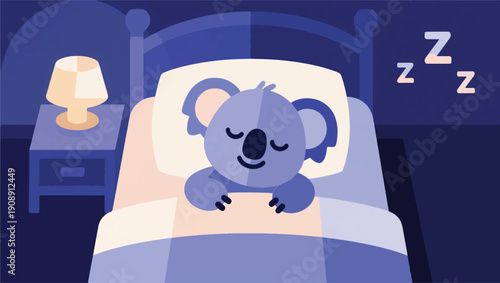 Illustration Of A Koala Sleeping Soundly In A Neat Bed, Soft Night Light Vector Design Template