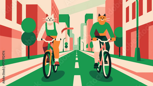 Illustration Of A Cat Cycling Leisurely On A City Green Path, An Eco-Friendly Lifestyle Vector Design Template