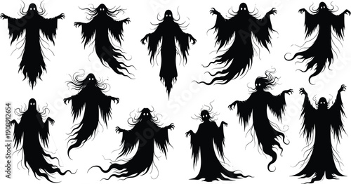 Set of scary ghost silhouettes isolated on white background, spooky phantom collection for Halloween design, creepy spirit icons, dark horror vector character elements.