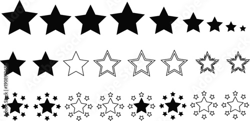 Set of star rating icons and silhouettes with various styles for customer feedback, product reviews, ranking systems, quality evaluation, and decorative award,
