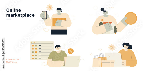 Online marketplace character set with people shopping, browsing products, making payments and receiving deliveries. Flat design vector collection for e-commerce and online shopping.