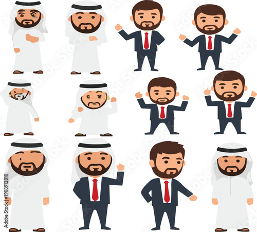 Arab businessman and traditional man cartoon character vector set with professional poses and cultural outfits
