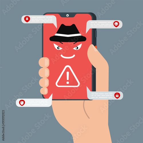 Mobile malware alert concept showing hacker threat on smartphone screen, representing phishing, cyber attack, and data security risk.