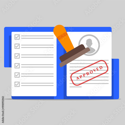 Approved document and checklist with official stamp, representing application verification, business approval process, compliance review, and administrative authorization workflow.