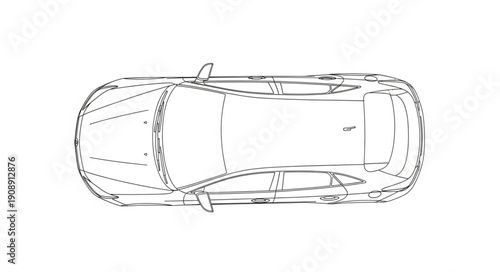Top view sketch of a modern electric car design blueprint.